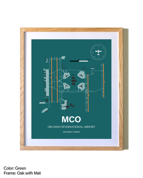 Orlando International Airport airport map poster in oak frame with mat