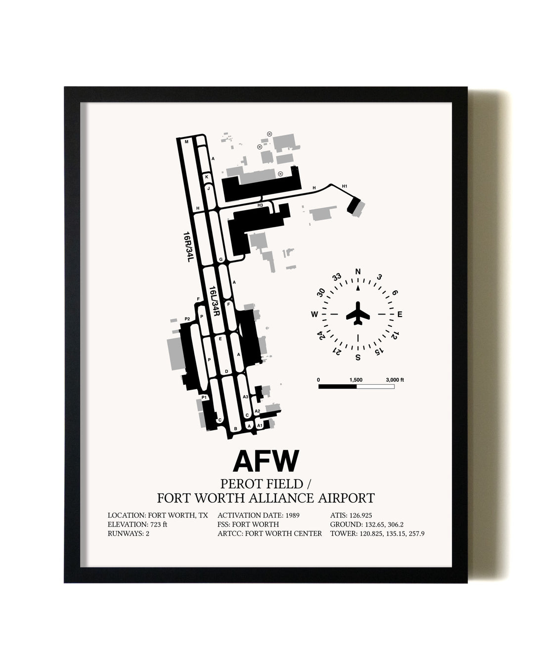 Framed Perot Field / Fort Worth Alliance Airport wall art poster in black frame