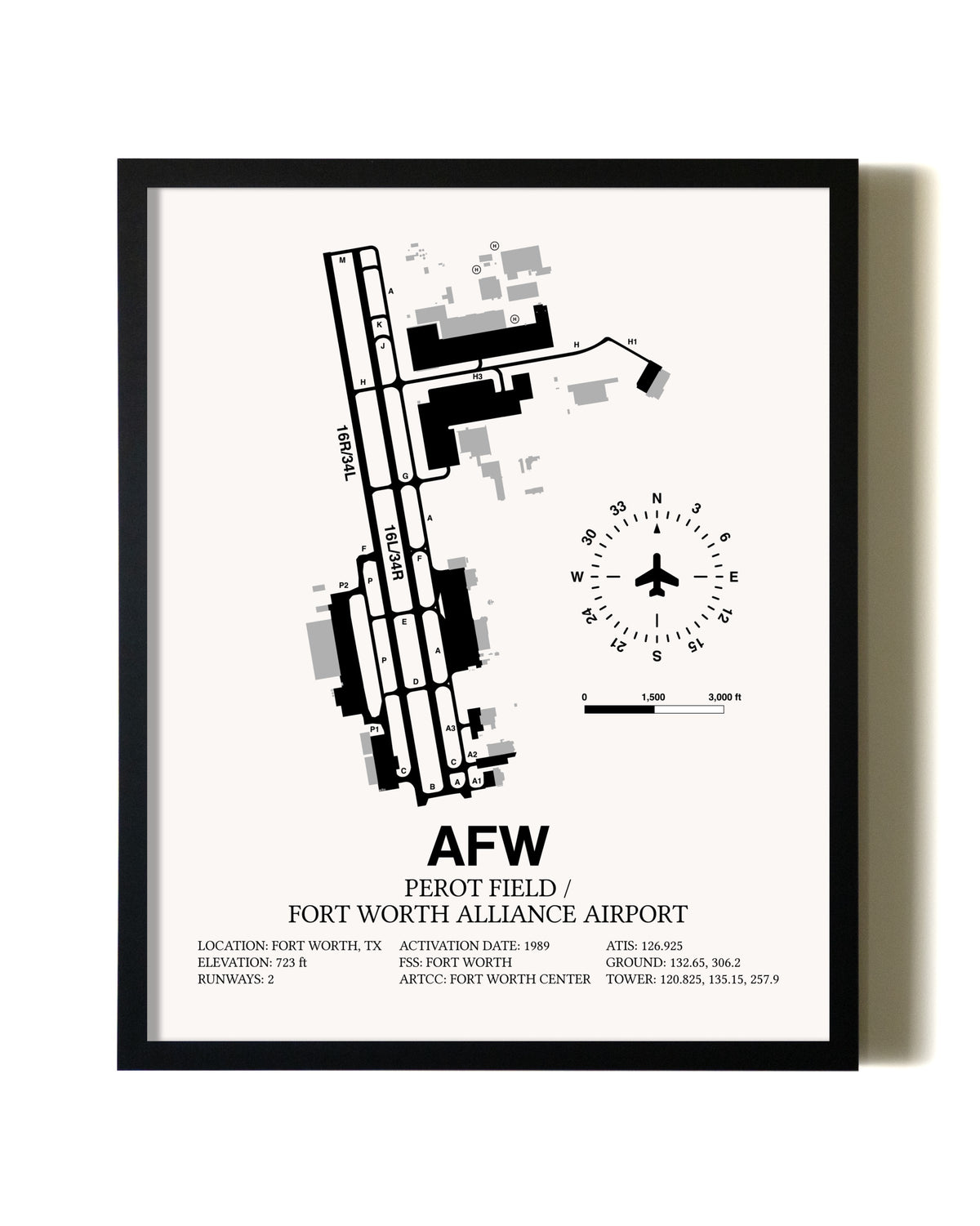 Framed Perot Field / Fort Worth Alliance Airport wall art poster in black frame