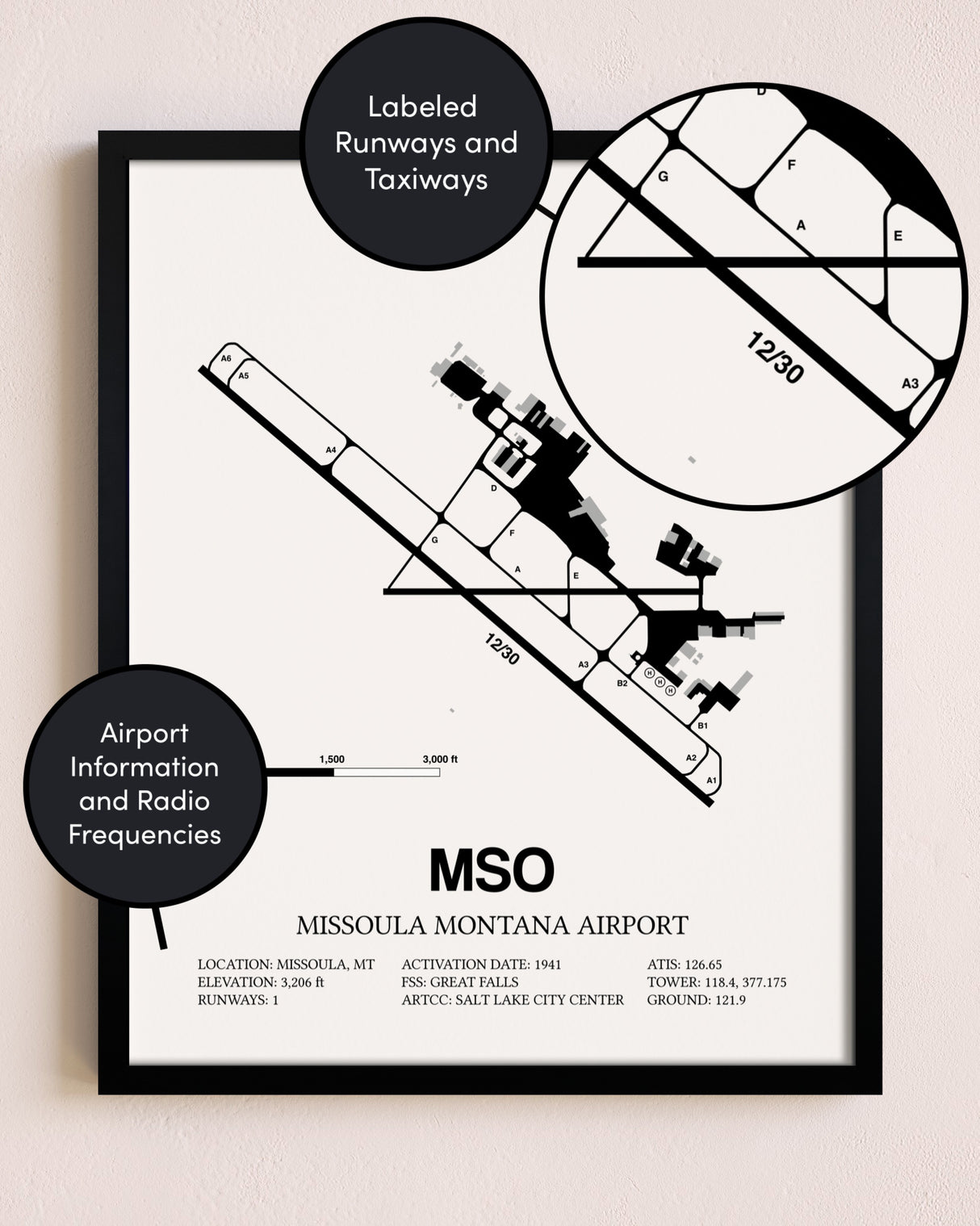 Framed Missoula Montana Airport layout wall art poster