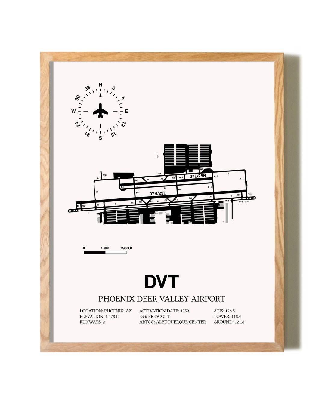 Phoenix Deer Valley Airport framed print in natural wood frame