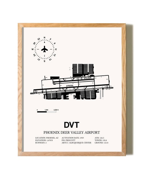 Phoenix Deer Valley Airport framed print in natural wood frame