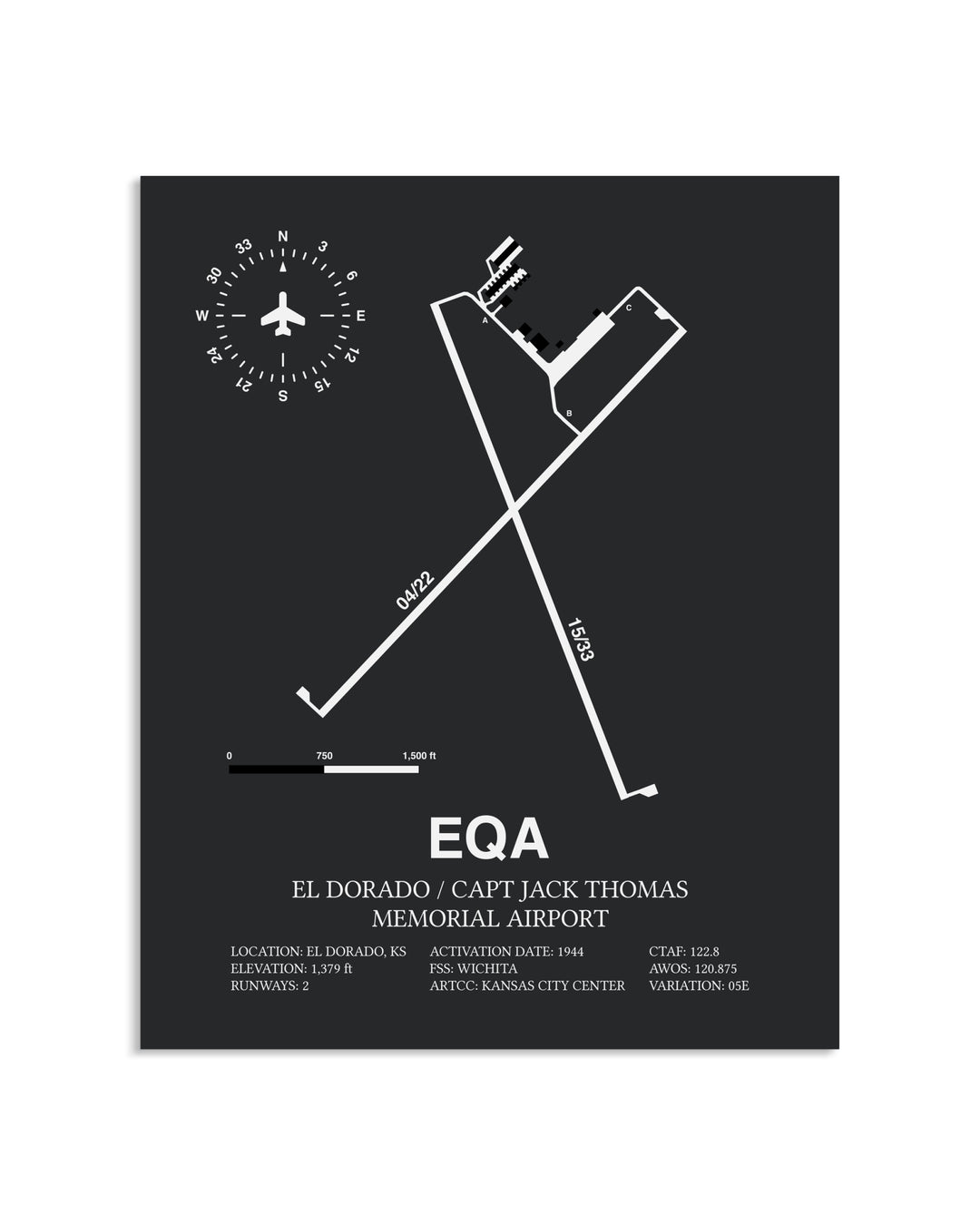 Gray Framed El Dorado / Captain Jack Thomas Memorial Airport layout wall art poster
