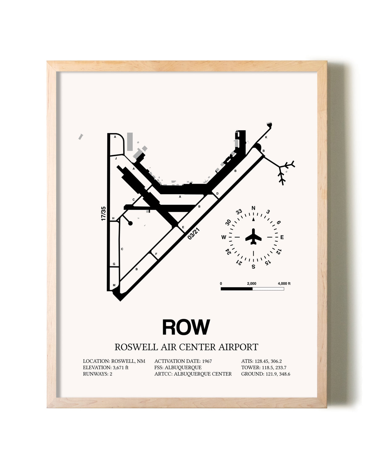 Roswell Air Center Airport framed wall art in white frame