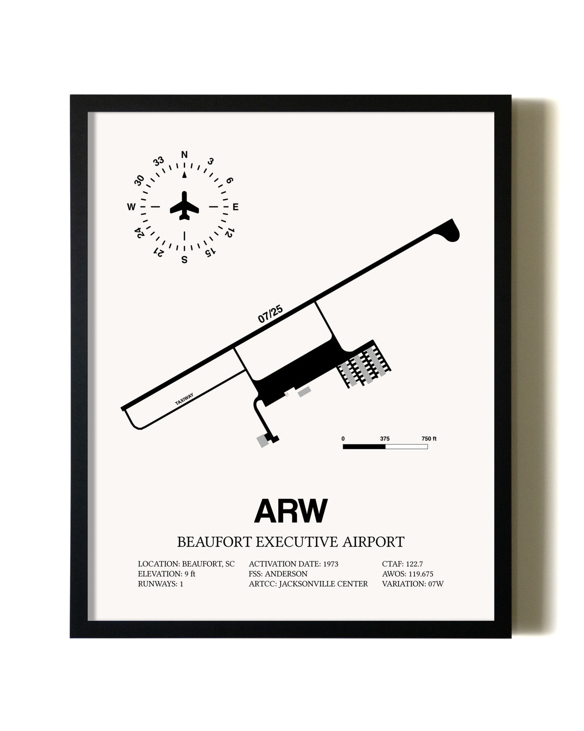 Framed Beaufort Executive Airport wall art poster in black frame