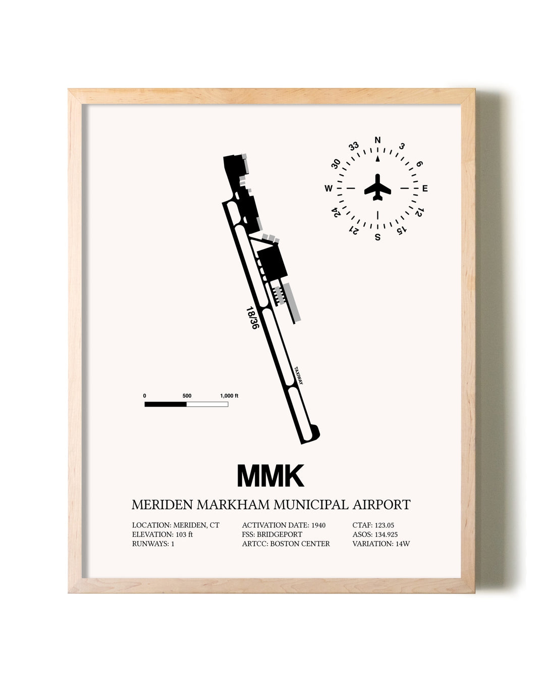 Meriden Markham Municipal Airport framed wall art in white frame