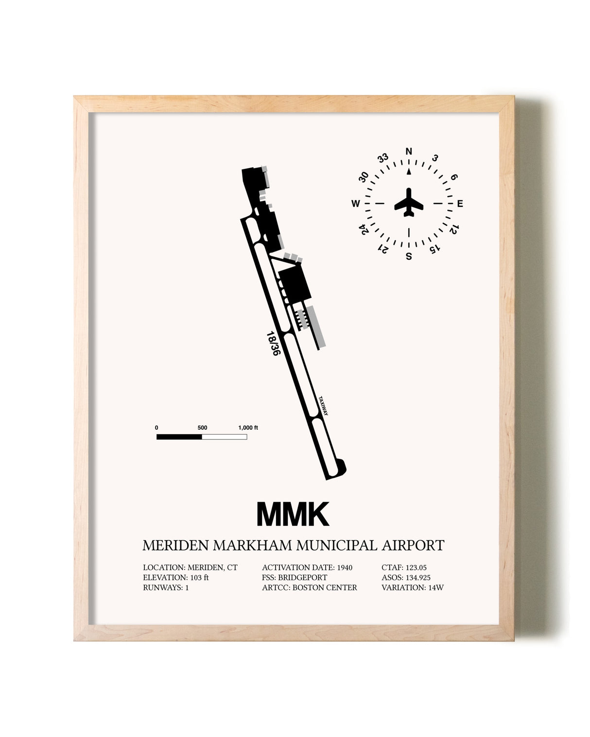 Meriden Markham Municipal Airport framed wall art in white frame