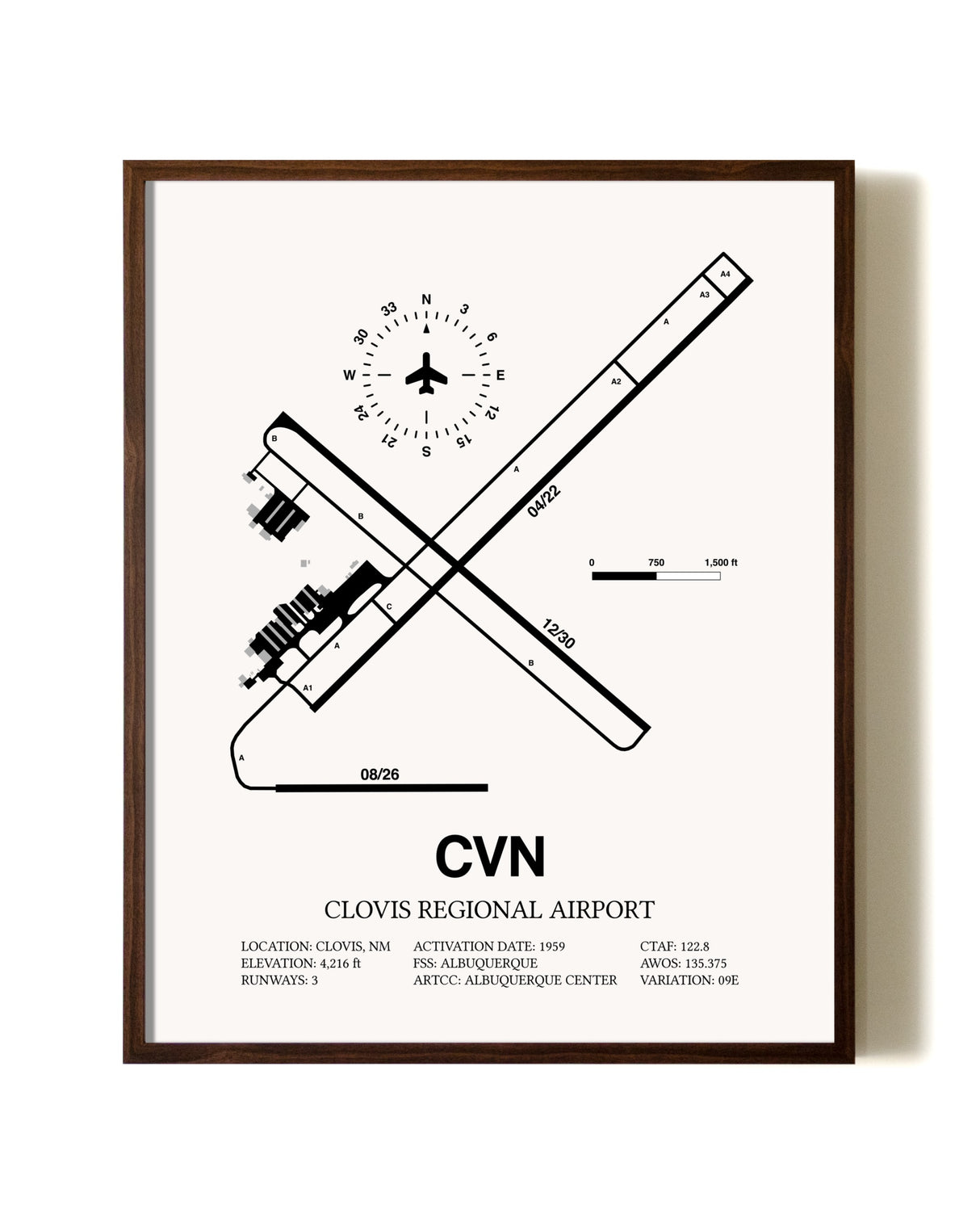 Clovis Regional Airport aviation print in walnut frame