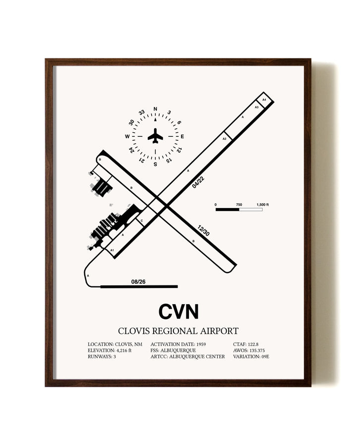 Clovis Regional Airport aviation print in walnut frame