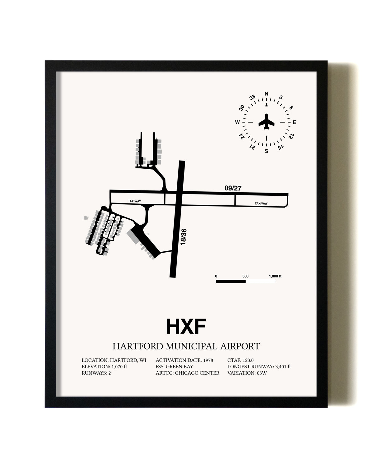 Framed Hartford Municipal Airport wall art poster in black frame