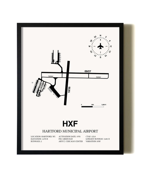 Framed Hartford Municipal Airport wall art poster in black frame