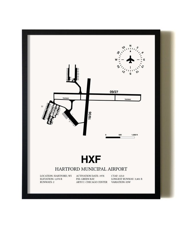 Framed Hartford Municipal Airport wall art poster in black frame