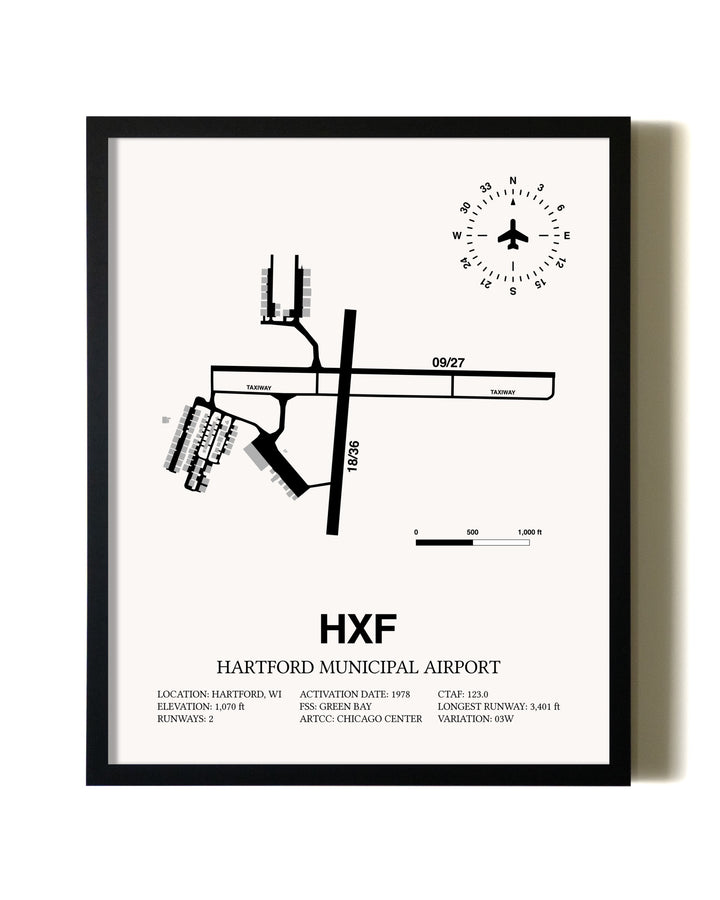 Framed Hartford Municipal Airport wall art poster in black frame