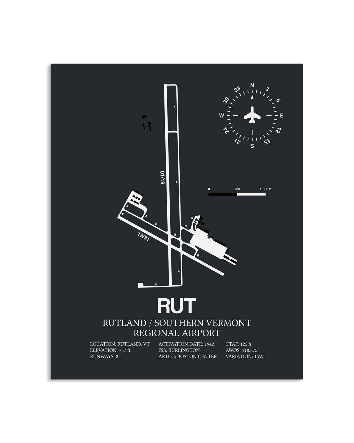 Gray Framed Rutland / Southern Vermont Regional Airport layout wall art poster