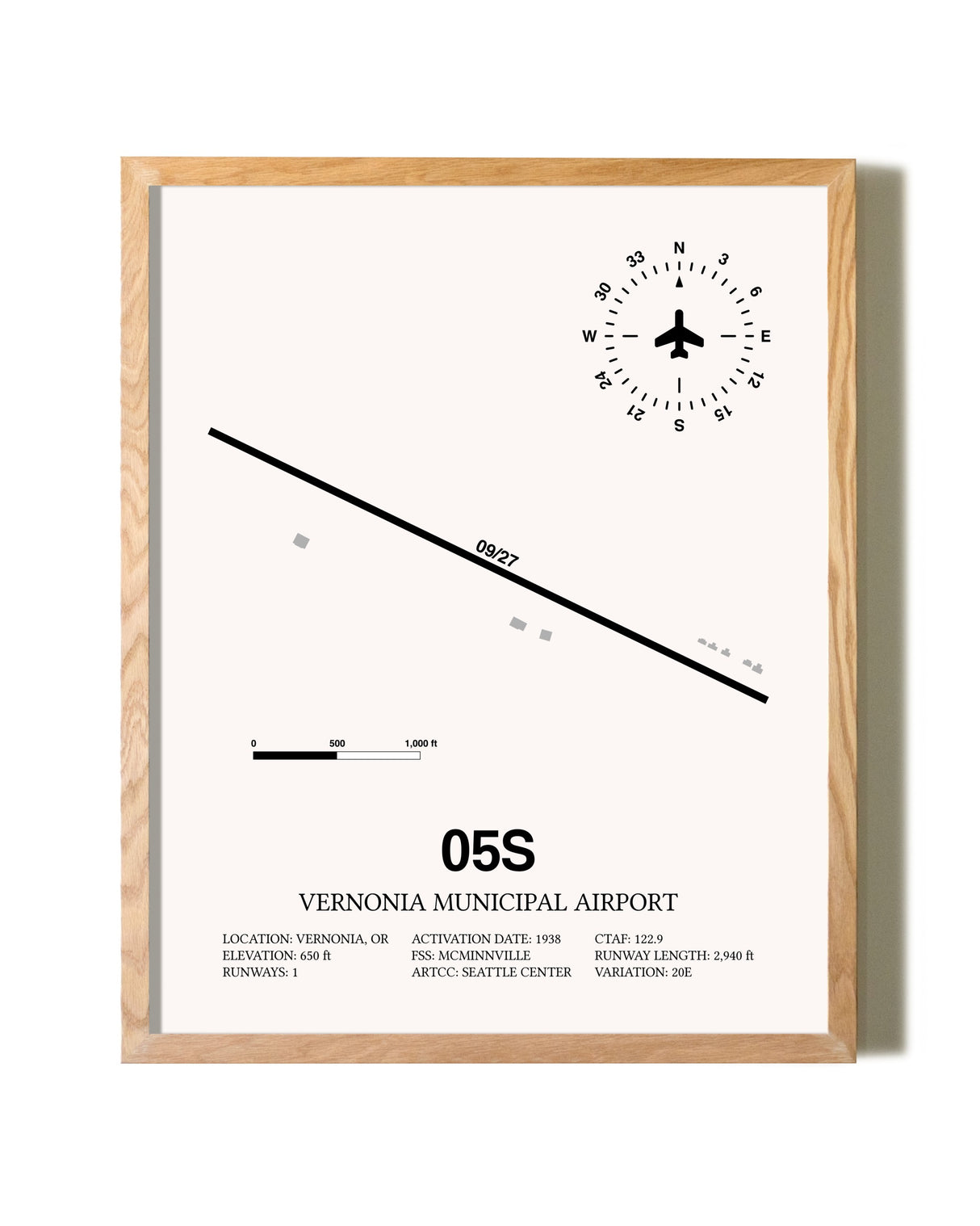 Vernonia Municipal Airport framed print in natural wood frame