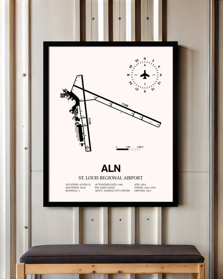 St. Louis Regional Airport framed poster displayed in an airplane hangar
