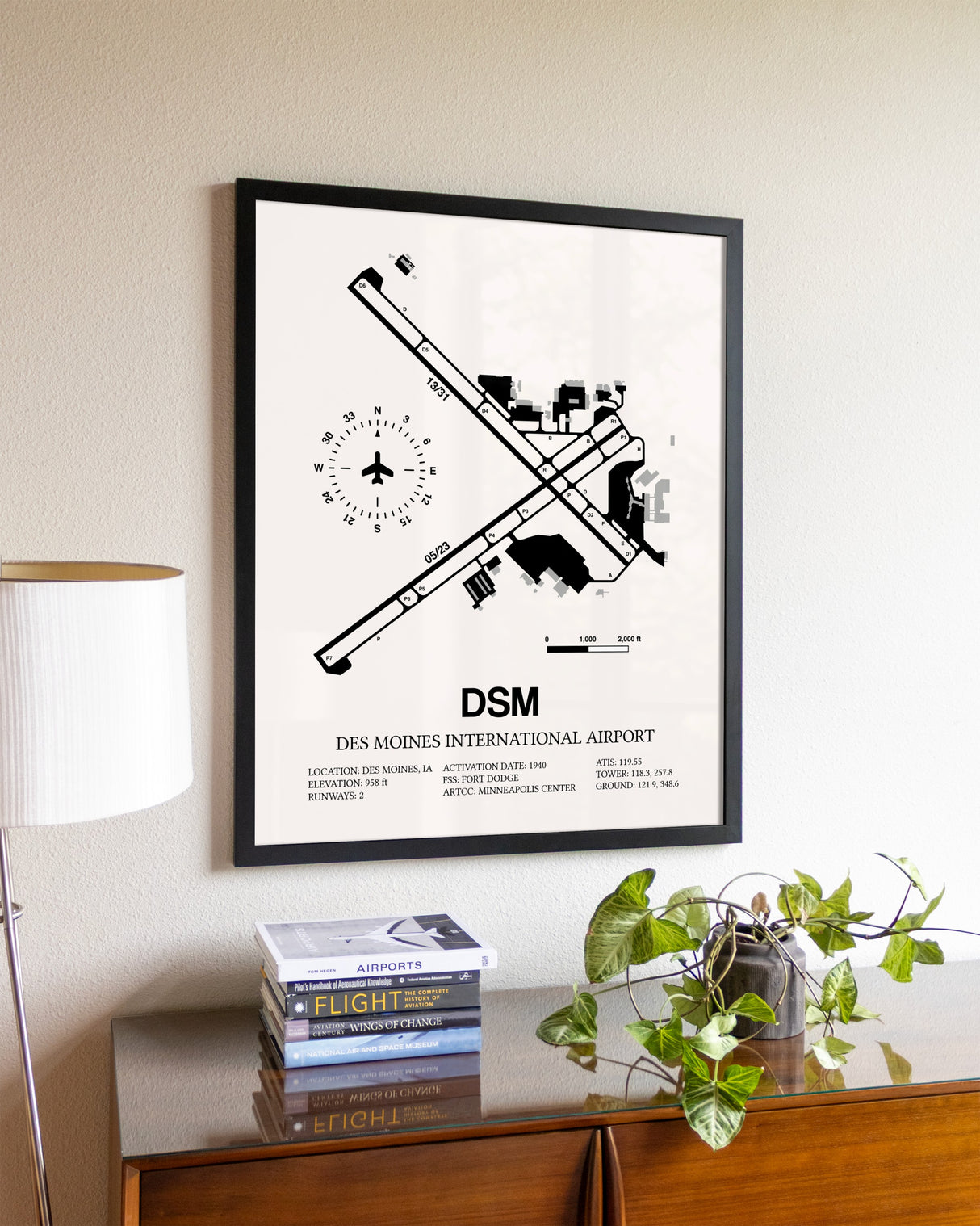 Des Moines International Airport aviation wall décor in black wood frame