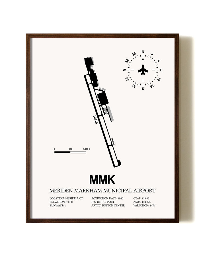Meriden Markham Municipal Airport aviation print in walnut frame