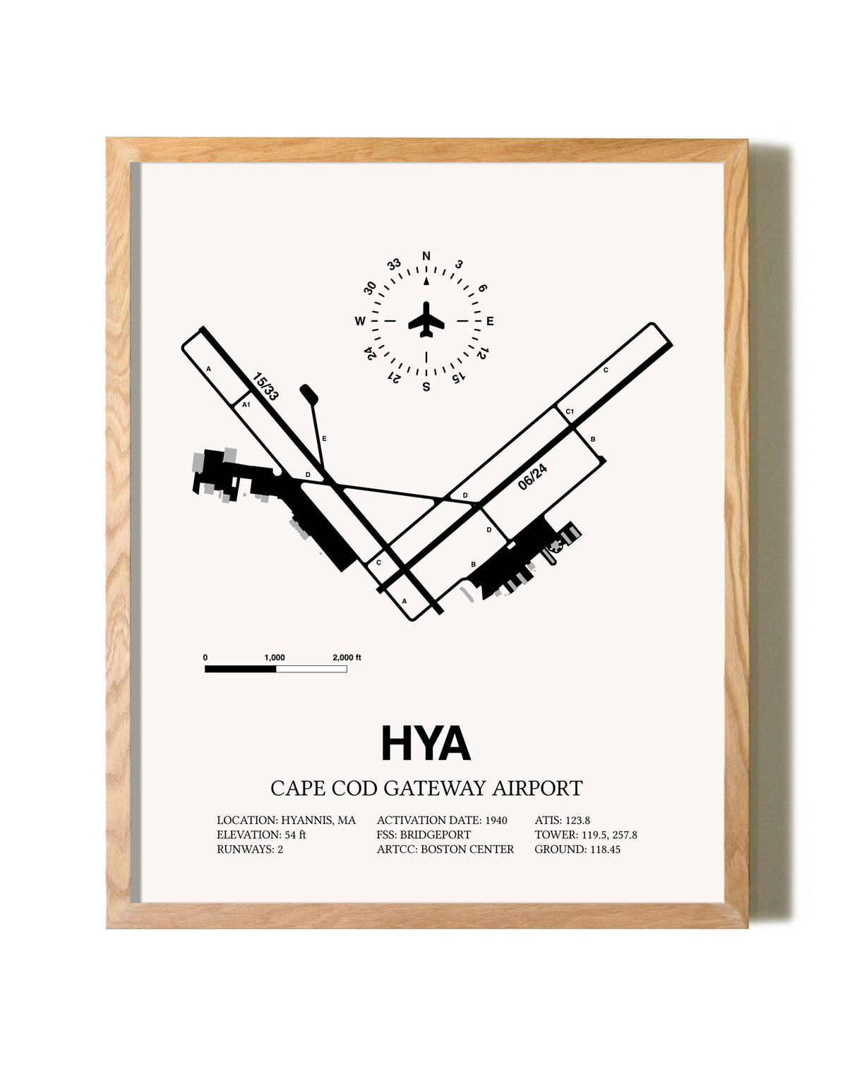 Cape Cod Gateway Airport framed print in natural wood frame