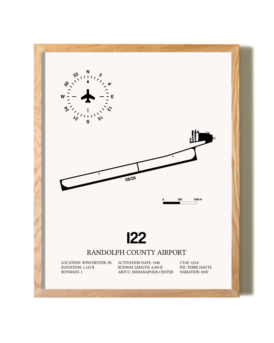 Randolph County Airport framed print in natural wood frame