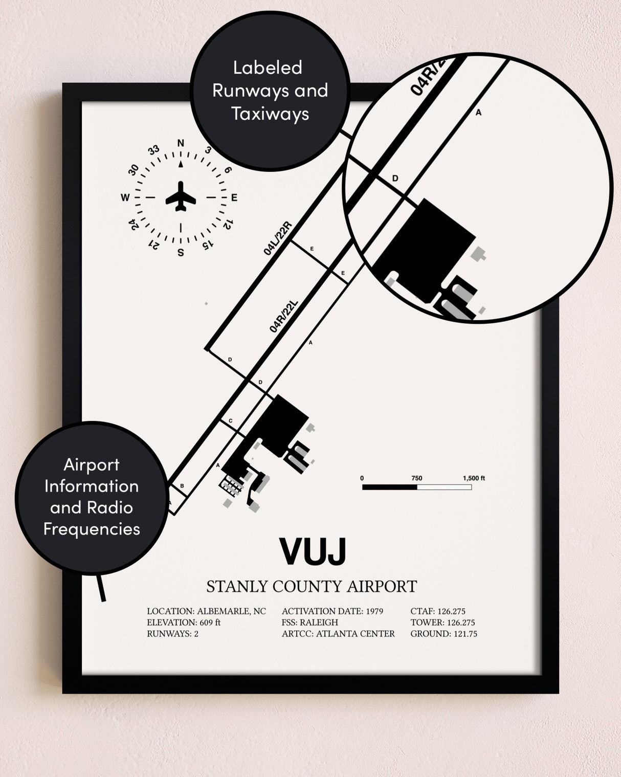 Framed Stanly County Airport layout wall art poster