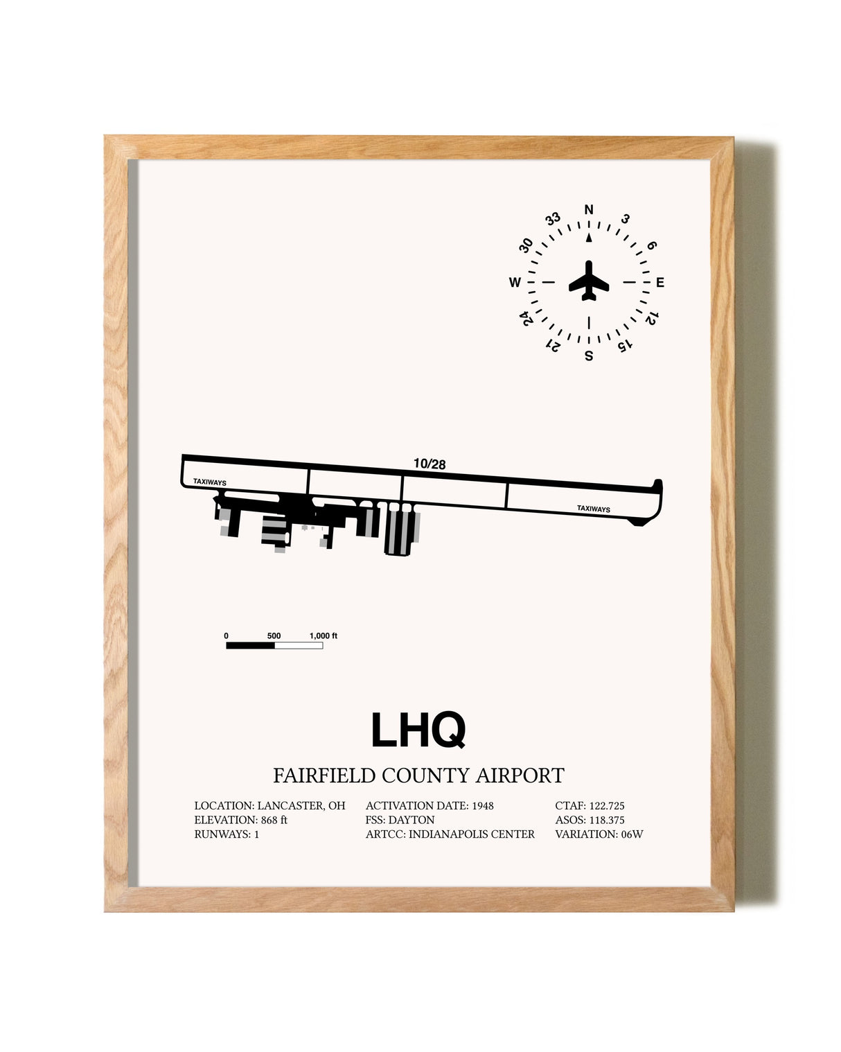 Fairfield County Airport framed print in natural wood frame