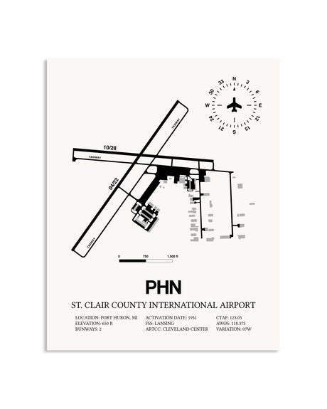 Gray St. Clair County International Airport framed poster displayed in an airplane hangar