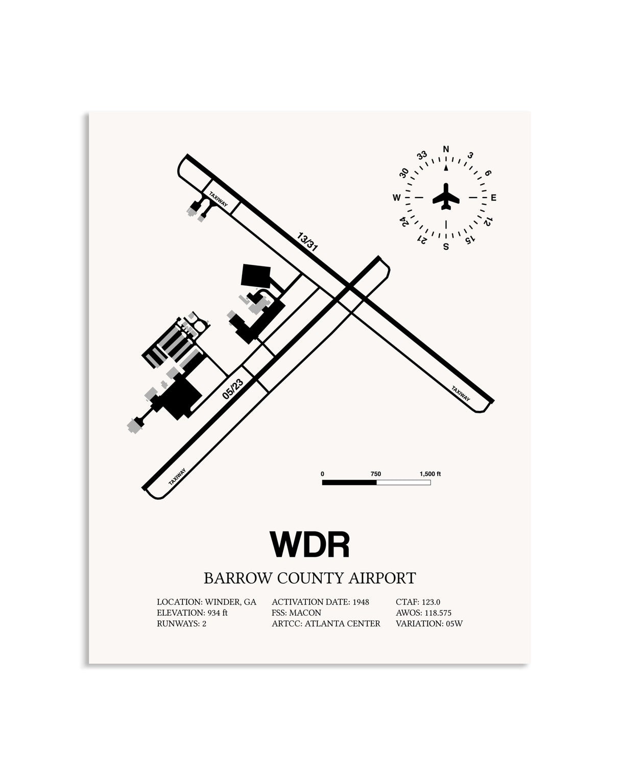 Gray Barrow County Airport framed poster displayed in an airplane hangar