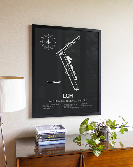Gray Framed Lake Charles Regional Airport wall art poster in black frame