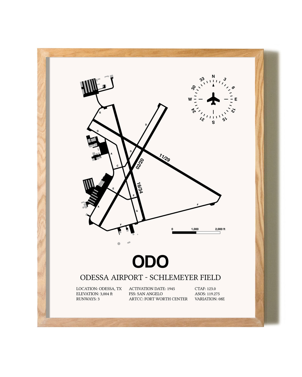 Odessa Airport-Schlemeyer Field framed print in natural wood frame