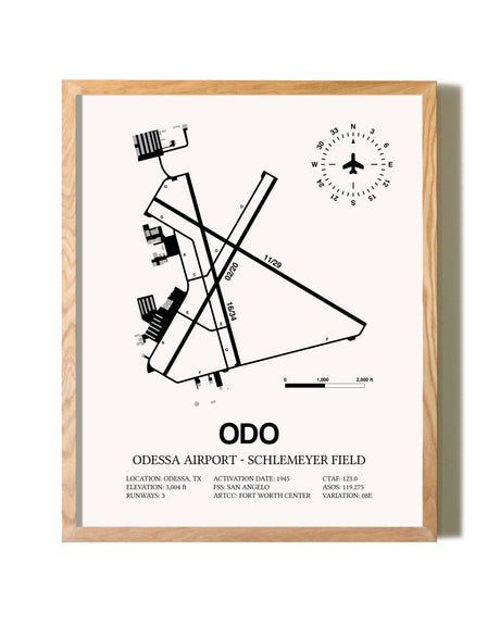 Odessa Airport-Schlemeyer Field framed print in natural wood frame