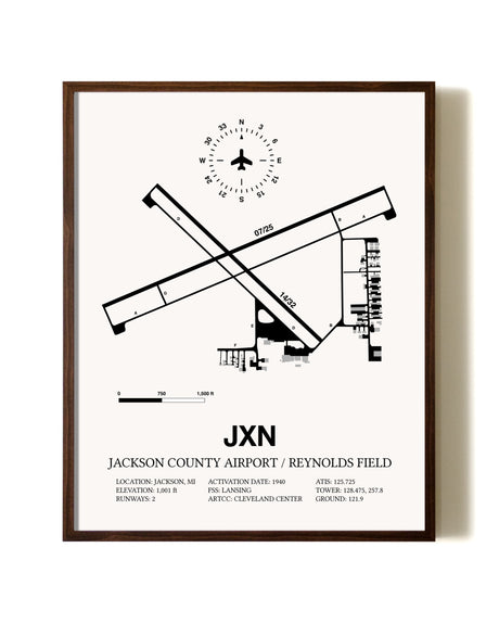 Jackson County Airport / Reynolds Field aviation print in walnut frame