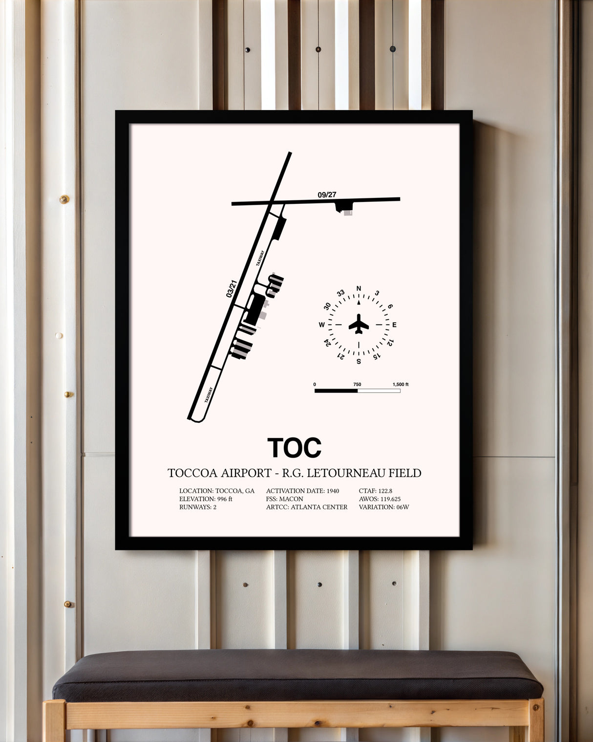Toccoa Airport - R.G. Letourneau Field framed poster displayed in an airplane hangar