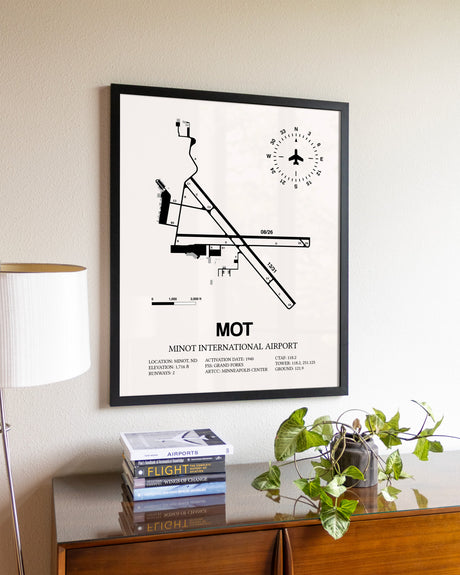Minot International Airport aviation wall décor in black wood frame