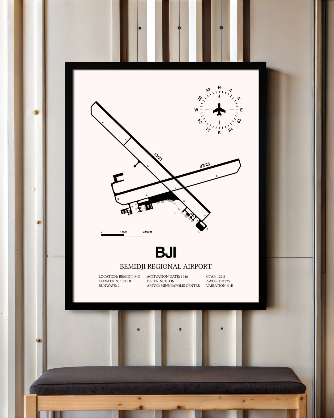 Bemidji Regional Airport framed poster displayed in an airplane hangar