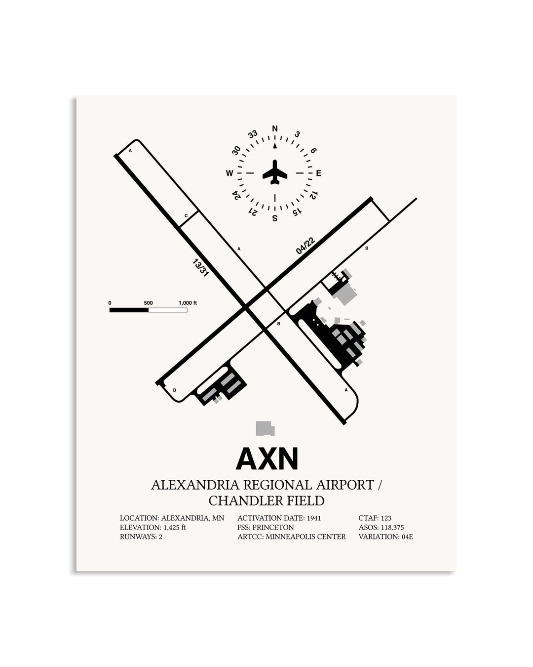 Gray Alexandria Regional Airport / Chandler Field framed poster displayed in an airplane hangar