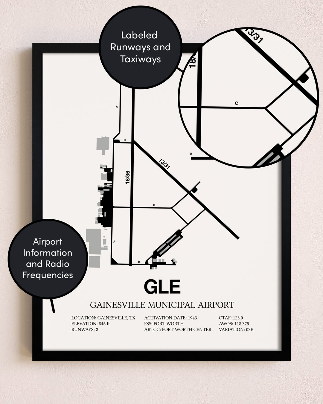Framed Gainesville Municipal Airport layout wall art poster