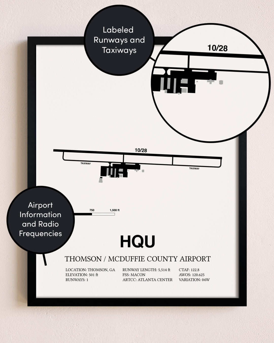 Framed Thomson / McDuffie County Airport layout wall art poster