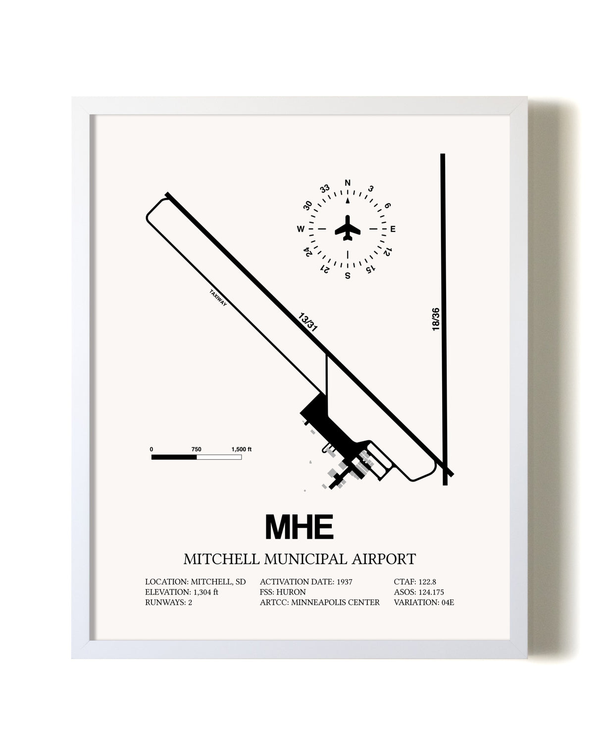 Mitchell Municipal Airport airport map poster in oak frame