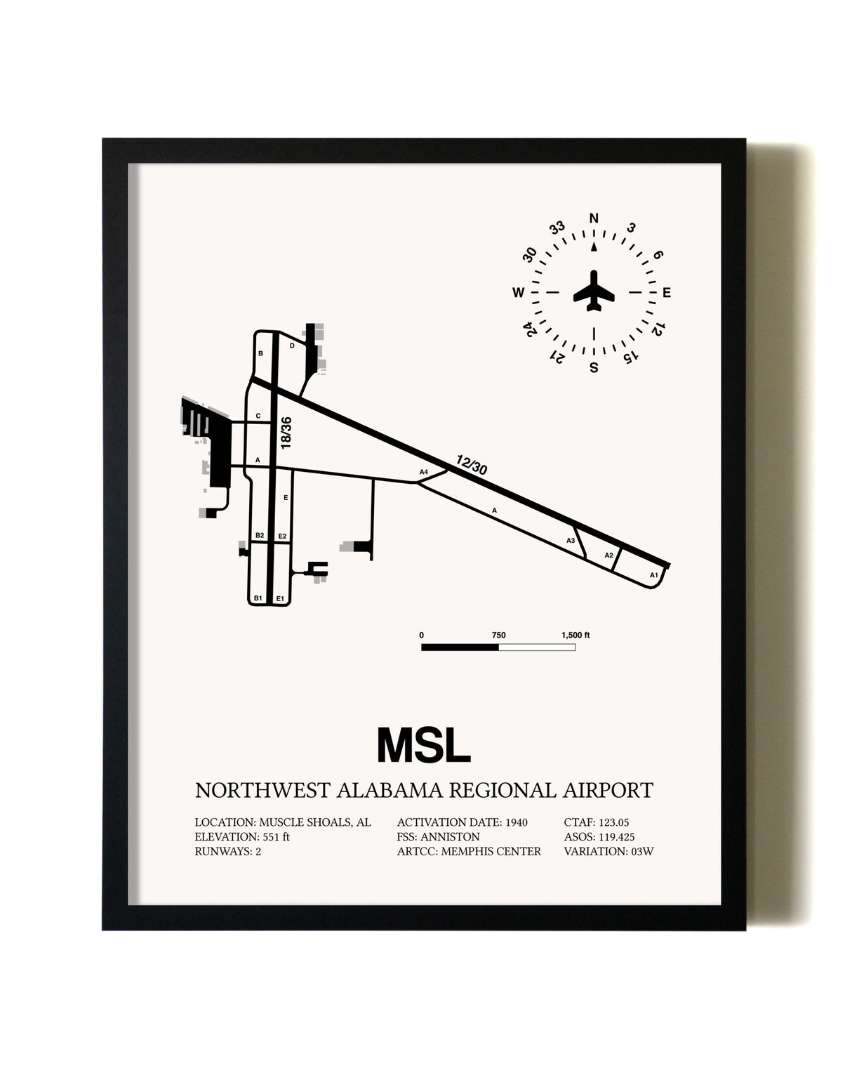 Framed Northwest Alabama Regional Airport wall art poster in black frame