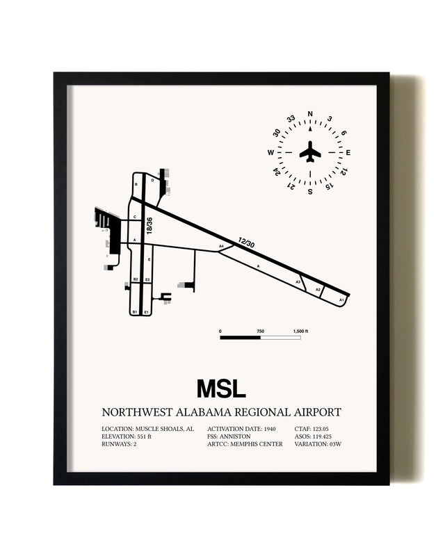 Framed Northwest Alabama Regional Airport wall art poster in black frame