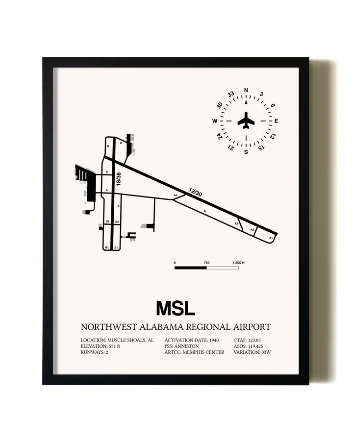 Framed Northwest Alabama Regional Airport wall art poster in black frame