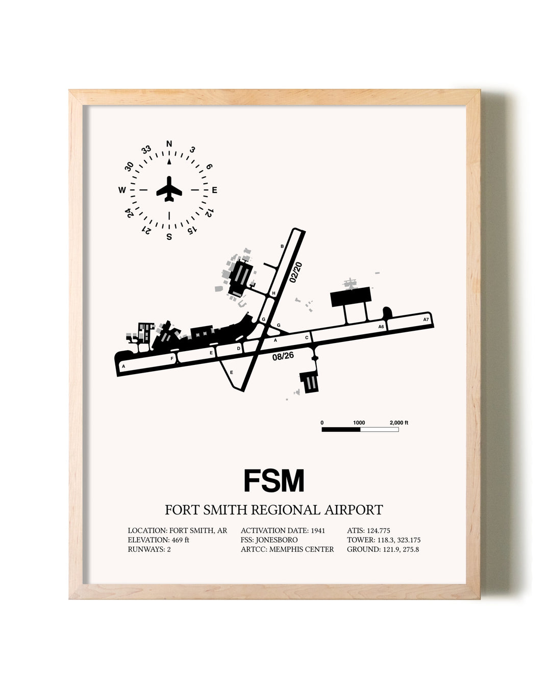 Fort Smith Regional Airport framed wall art in white frame