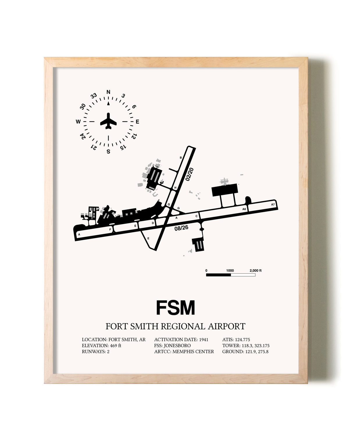 Fort Smith Regional Airport framed wall art in white frame