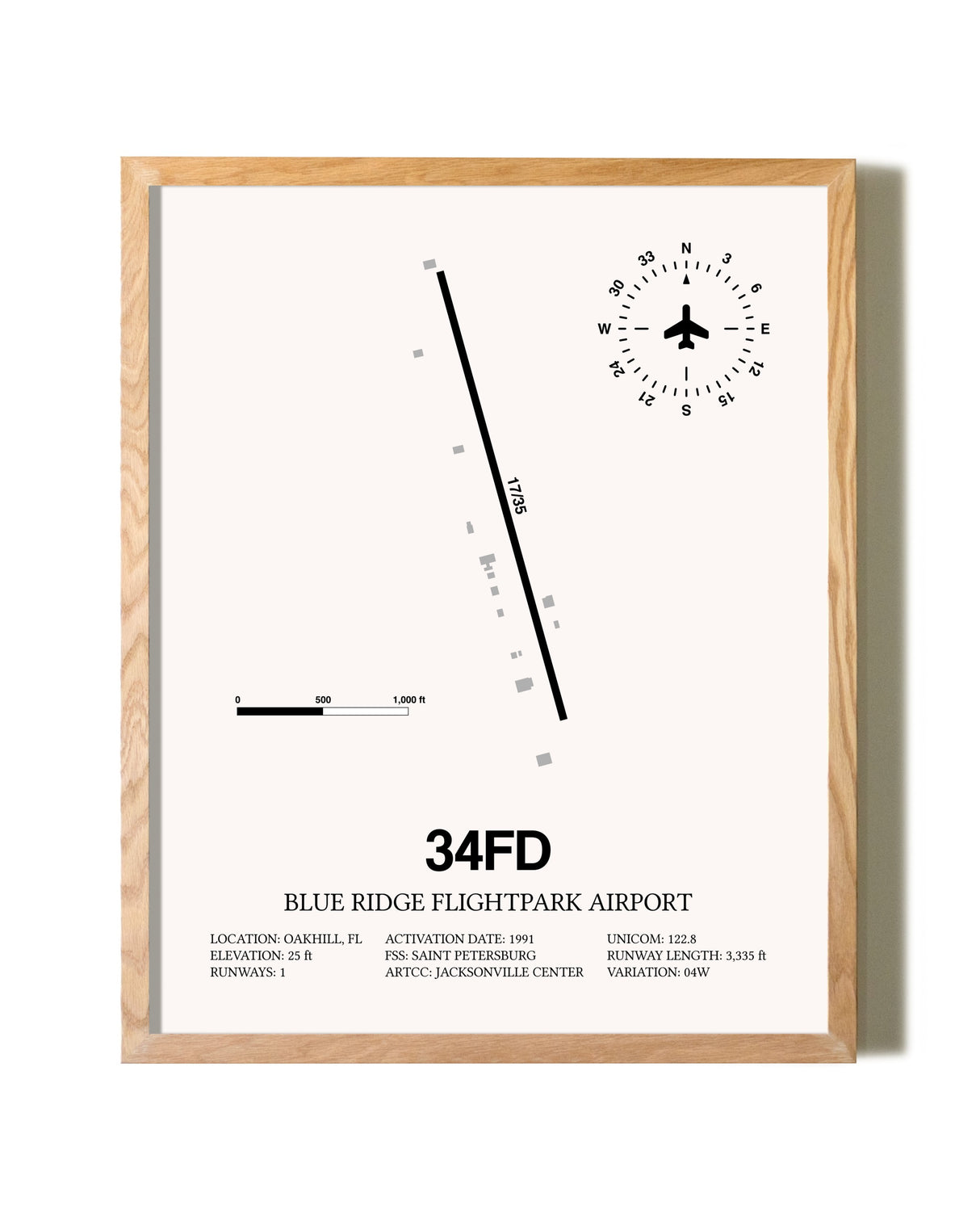 Blue Ridge Flightpark Airport framed print in natural wood frame