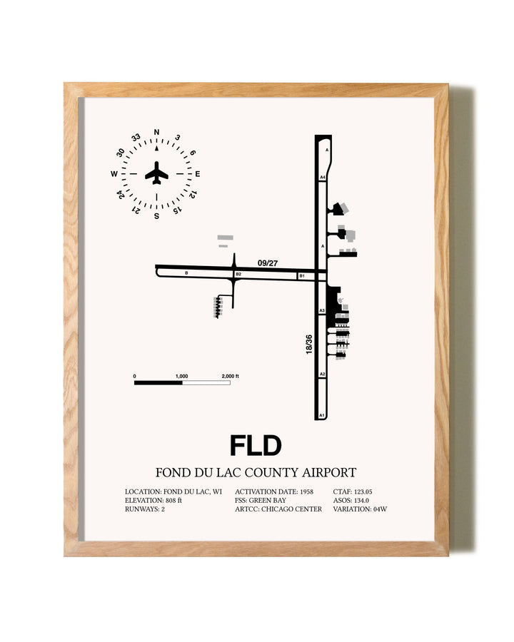Fond Du Lac County Airport framed print in natural wood frame