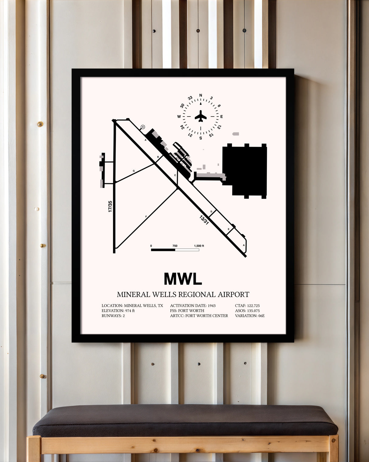 Mineral Wells Regional Airport framed poster displayed in an airplane hangar