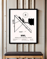 Mineral Wells Regional Airport framed poster displayed in an airplane hangar