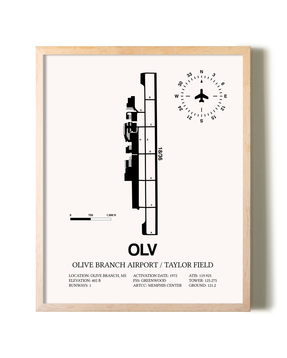Olive Branch Airport / Taylor Field framed wall art in white frame