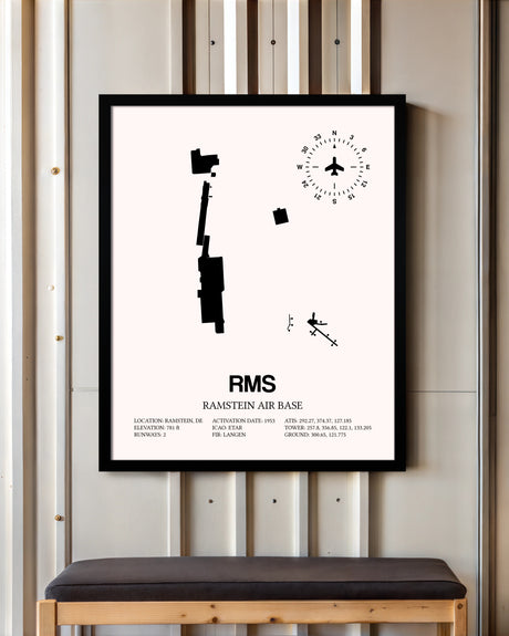 Ramstein Air Base framed poster displayed in an airplane hangar